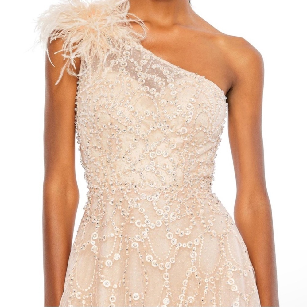 Mac Duggal Feather One‎ Shoulder A Line Peach Evening Gown Dress 20389 - Picture 2 of 8